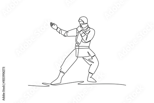 Single one line drawing man ninja or assassin poised in wide combat stance with arms extended in a defensive guard, illustrating focused action. Continuous line draw design graphic vector illustration