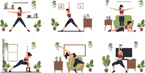 Set of young women performing various home workout exercises and yoga poses indoors, promoting fitness, healthy living, and active lifestyle vector illustrations collection.