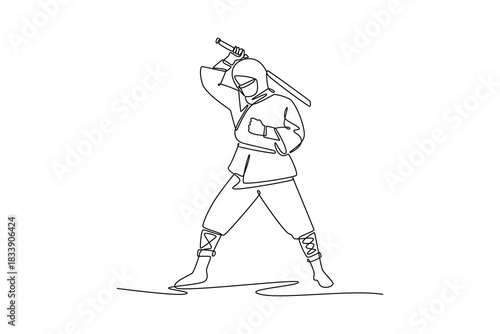 Single one line drawing man ninja poised in wide combat stance, drawing a katana sword for a dynamic strike, illustrating focused action. Modern continuous line draw design graphic vector illustration