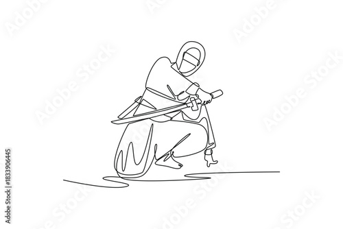 Single one line drawing active man ninja poised low in crouching stance, drawing a katana sword, illustrating stealth and focused action. Modern continuous line draw design graphic vector illustration