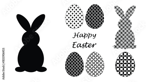 Happy easter greeting with decorative eggs and bunny silhouettes in black and white featuring geometric patterns and a simple silhouette for festive celebration