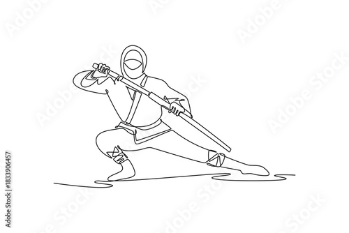 Continuous one line drawing man ninja in mask posed in deep bow stance, holding staff horizontally in ready guard, illustrating stealth and focused. Single line draw design vector graphic illustration