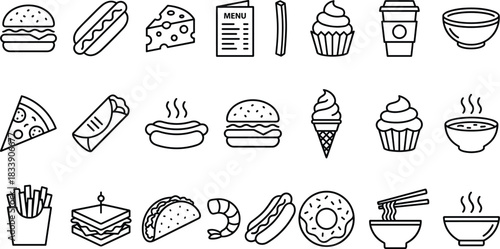 Delicious fast food and snack icons featuring burgers, pizza, desserts, noodles, sandwiches, fries, and beverages in clean modern line style