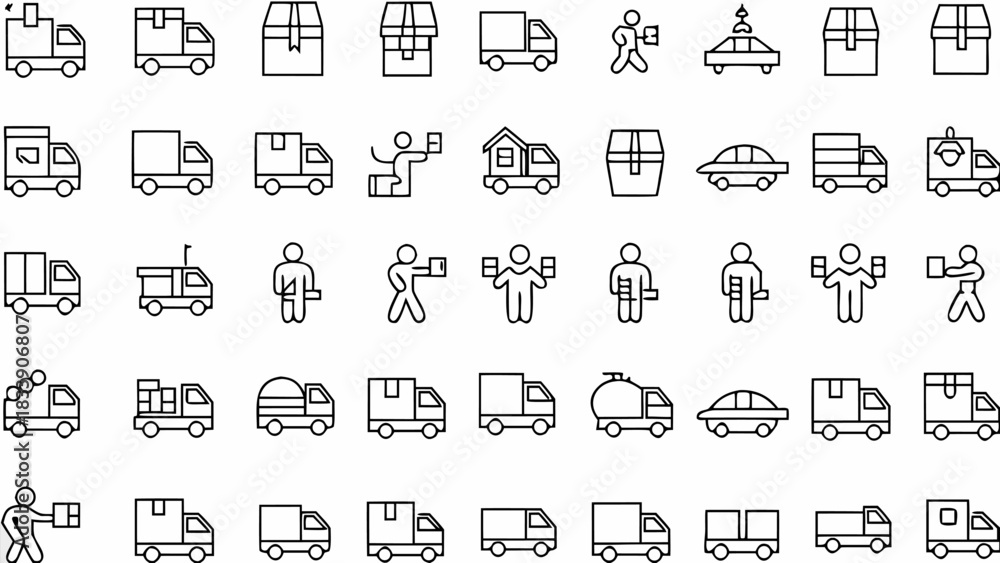 Obraz premium Delivery service icons set featuring trucks, vans, boxes, and couriers for logistics solutions use