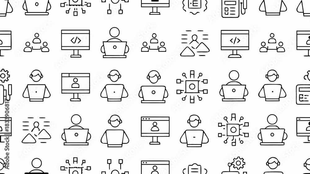 Fototapeta premium Modern seamless pattern of networking, coding, and teamwork icons for tech and business backgrounds