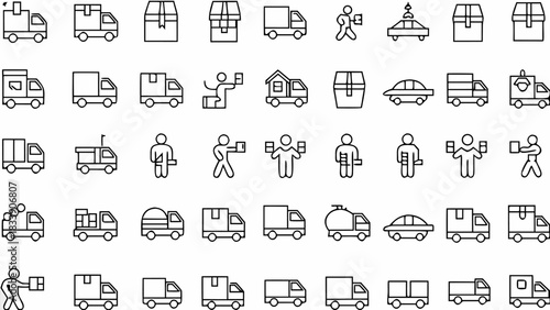 Delivery service icons set featuring trucks, vans, boxes, and couriers for logistics solutions use