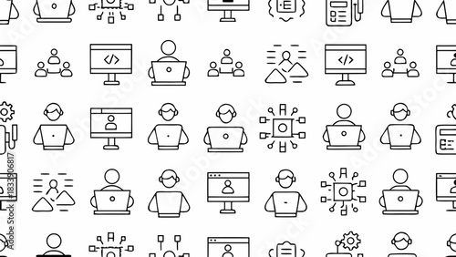 Modern seamless pattern of networking, coding, and teamwork icons for tech and business backgrounds