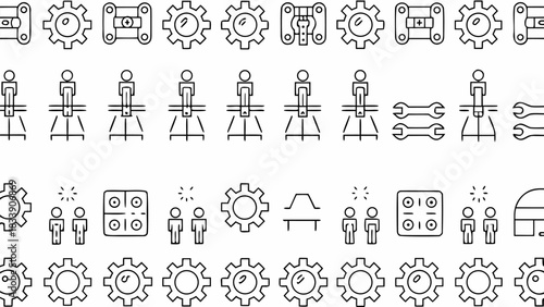 Black and white line drawing featuring gears, wrenches, and people icons for engineering designs