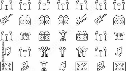Musical instruments and happy people icons, capturing the essence of live music and joyful celebration