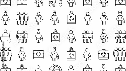 Seamless pattern featuring simple line drawings of medical personnel and equipment for healthcare themes