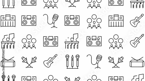 Music icons create a seamless pattern showcasing musical instruments and performance elements in a line art style
