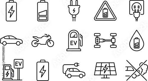 Electric vehicle and renewable energy icons featuring EV charging, batteries, eco-friendly transport, solar power, and clean mobility concepts in modern line style