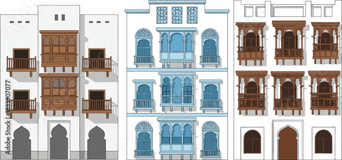 Collection of traditional Arabian houses and facades, featuring ornate Mashrabiya wooden windows and balconies, symbolizing Middle Eastern vernacular architecture and heritage vector