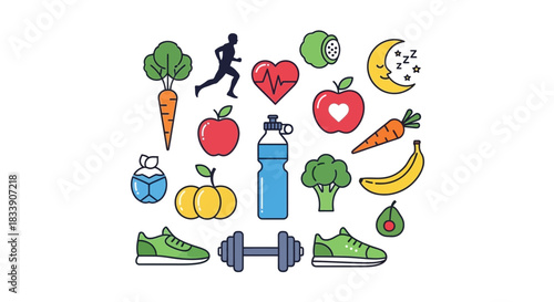 Inspiring healthy lifestyle choices: vegetables, fruit, running, sleep, and exercise for wellness and vitality, originally a scalable vector graphic