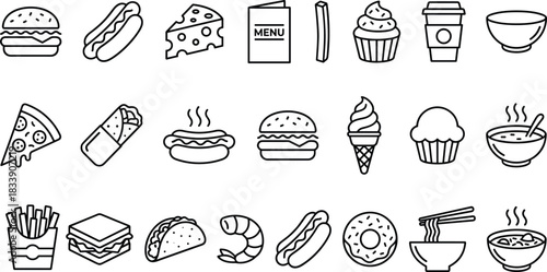Food and fast-food icons featuring snacks, desserts, beverages, street food, and restaurant menu items illustrated in clean modern line style