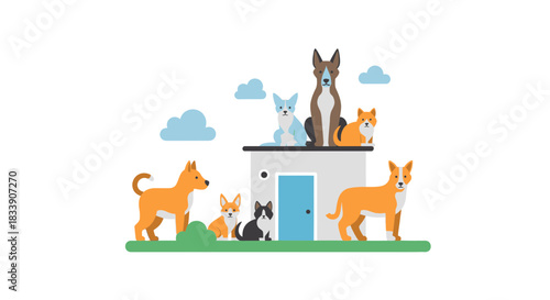 Playful animal kingdom scene with happy dogs and cats enjoying their unique home, a charming pet community perfect for animal lovers everywhere