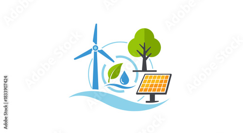 Sustainable energy solutions featuring wind turbine, solar panel, tree, and water droplet for environmental awareness and clean power promotion in a simple graphic