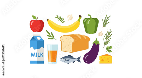 Fresh market haul showcasing colorful healthy foods for balanced diet, featuring fruits, vegetables, dairy, grains, and protein for a nutritious lifestyle