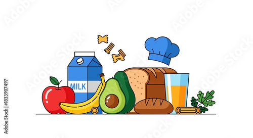 Fresh food assortment for a healthy lifestyle, featuring fruit, dairy, and grains, ideal for nutrition guides, cooking blogs, and promoting balanced diets