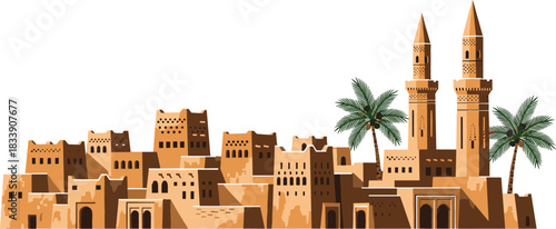 Traditional clay and mud brick architecture of an ancient Arabian city, featuring minarets and palm trees, symbolizing Middle Eastern history and culture vector illustration