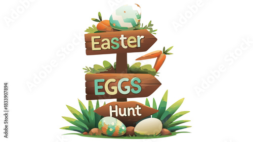 A charming wooden signpost pointing the way to an easter egg hunt decorated with colorful eggs carrots and lush green foliage perfect for holiday invitations and decorations
