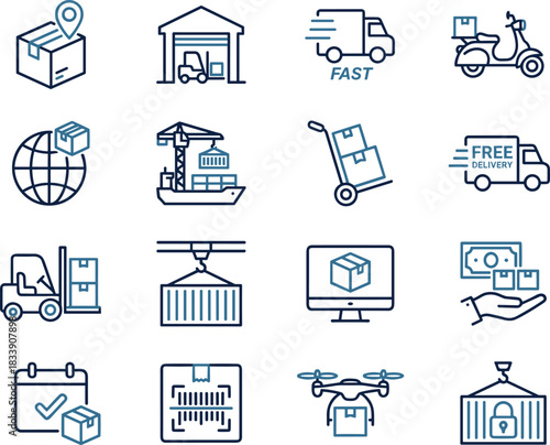 Logistics and delivery service icons featuring shipping, warehousing, global transport, cargo handling, package tracking, and fast courier solutions in modern line style
