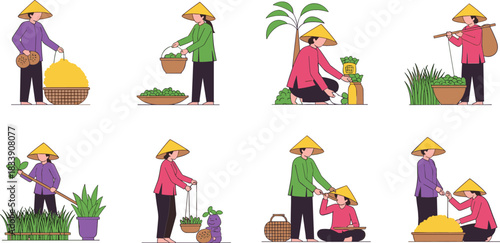 Set of traditional Asian farmers wearing conical hats, performing various agricultural activities like harvesting, rice planting, and collecting produce vector illustration