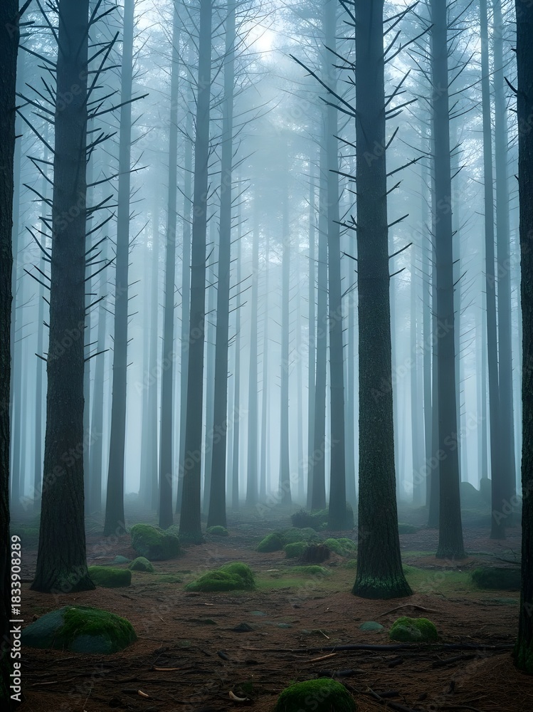 Fototapeta premium Silent Pine Woods in Heavy Fog with Lone Person