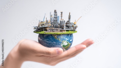 A hand holds a miniature Earth globe featuring an industrial complex, symbolizing human impact, resource demands, and global industry's environmental footprint.