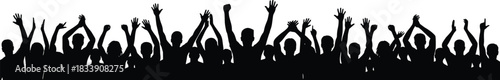 Audience silhouette cheering with hands up at concert, music festival, party, or sporting event, representing excited crowd, celebration, success, freedom, and joy.
