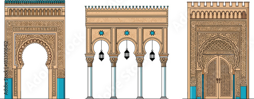 Set of intricate Moorish and Arabian architectural elements, featuring ornate arches, columns, lanterns, and carved doors, representing Islamic cultural heritage vector collection