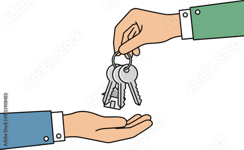 Hand exchanging house keys as home ownership transfers in a residential real estate transaction