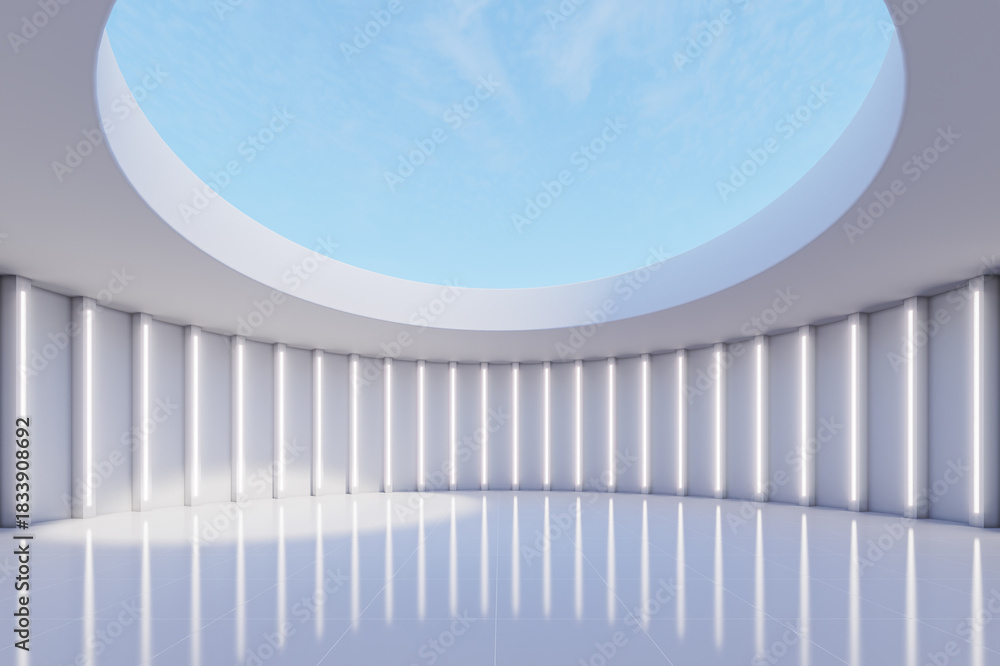 Fototapeta premium A futuristic minimal circular interior illuminated by vertical LED light panels arranged around smooth curved walls, with a large skylight opening revealing a bright blue sky. 3d rendering.