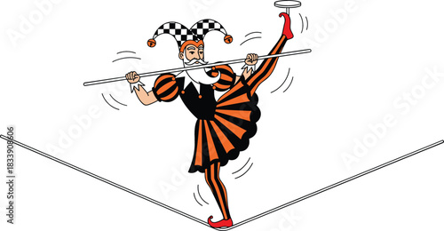 Whimsical harlequin jester tightrope walker balancing on a thin wire, demonstrating skill, risk, and concentration in a dangerous circus performance act vector illustration