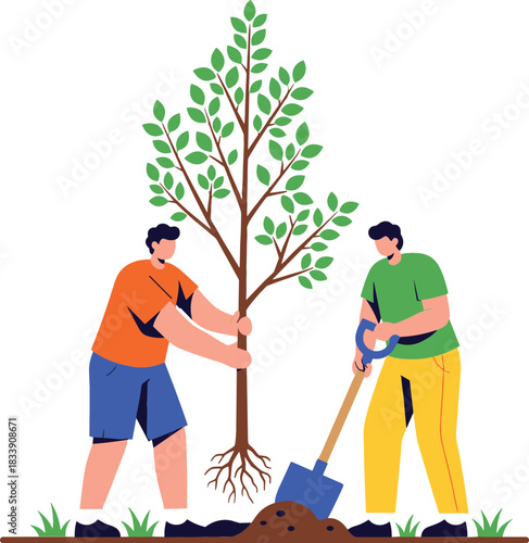 Two enthusiastic male volunteers planting a young sapling tree in the soil, symbolizing environmental conservation, sustainability, and green teamwork illustration vector