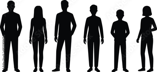 Diverse Group of People Silhouettes in Social and Relaxing Poses, Men, Women, and Child, Sitting in Chairs, Discussing, Standing, and Lying Down on White Background