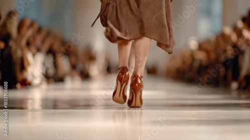 Close-up of a model's orange heels stepping on a glossy runway as blurred spectators watch. Upstage