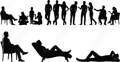 Diverse People Silhouettes in Various Poses, Standing, Sitting, and Lying Down, Full Body Vector Set of Adults and Child, Group Communication and Relaxation Concept
