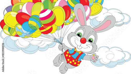 Joyful cartoon bunny wearing a red star patterned jumpsuit floats through the sky holding onto a large bunch of colorful balloons and passing through fluffy white clouds