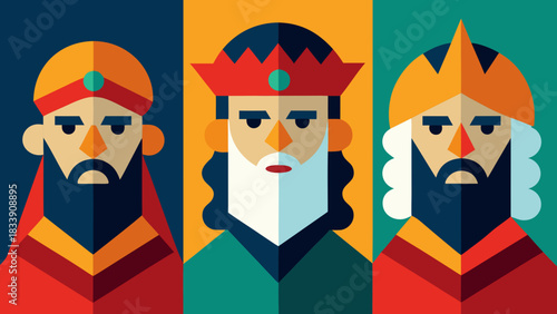 Three Wise Men with crowns in geometric style, traditional Spanish Christmas figures representing Epiphany gift-bringers
