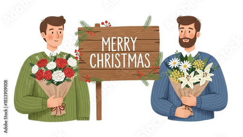 Celebrate Christmas joy with blooming bouquets and heartfelt cheer, a festive scene for holiday greetings and seasonal designs, originally created as vector art