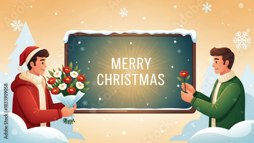 Delightful Merry Christmas celebration with charming floral gifts and festive holiday cheer, perfect for seasonal greetings and heartwarming invitations