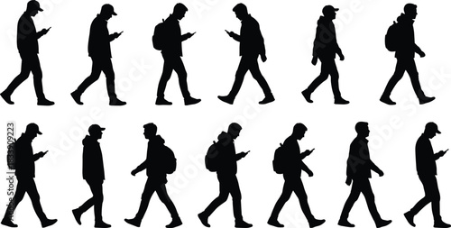 People Walking and Looking at Mobile Phones Vector Silhouettes Set, Young Men Texting While Moving, Pedestrian Commuters Using Smartphone Isolated on White Background for Technology Design