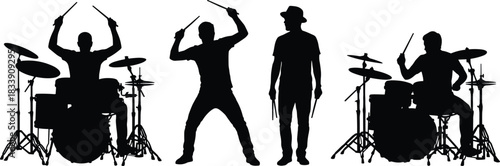Rock Drummer Musicians Vector Silhouettes Set, Male Figures Playing Drum Kit, Hitting Cymbals and Holding Sticks, Live Concert Performance Isolated on White Background for Music Design