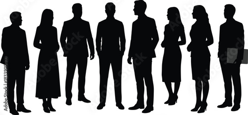 Silhouettes of a diverse group of professional business people, men and women, standing together in formal suits and attire, representing corporate teamwork, success, and partnership.