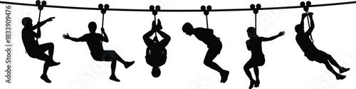 Silhouettes of diverse groups of people on an exciting high ropes course, traversing obstacles, symbolizing fun, fitness, friendship, teamwork, and active outdoor adventure sports.