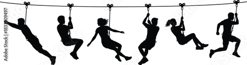 Silhouettes of adventurous people enjoying a challenging zipline, traversing an obstacle course, symbolizing freedom, teamwork, fun, and extreme outdoor sports activity.