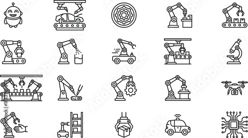 Modern industrial automation icons featuring robotic arms, smart manufacturing, artificial intelligence, robotics technology, drone systems, and automated production line concepts