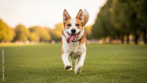 Fototapeta Naklejka Na Ścianę i Meble -  Happy dog running on lush green field in park during sunny day