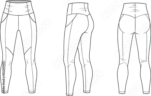 Technical flat sketch of high waisted leggings with contour seams and pocket details for activewear garment design templates, cad drawing flat vector illustration